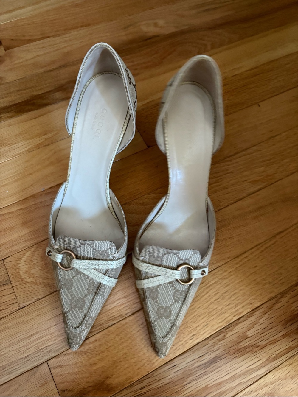Gucci Beige Monogram Pointed D'Orsay Pumps with Gold Accent